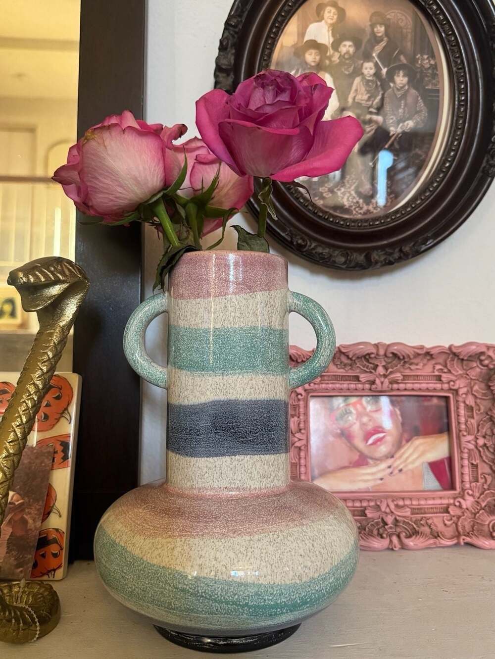 Vintage Striped Ceramic Two Handled Vase Speckled Glaze